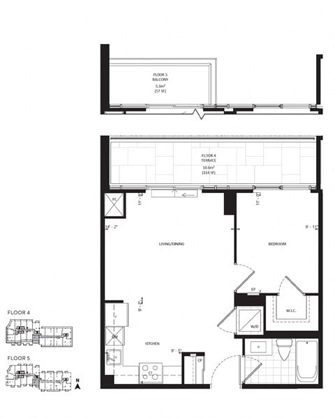 Floor plan for 1 bed, 1 bath, 545 sqft